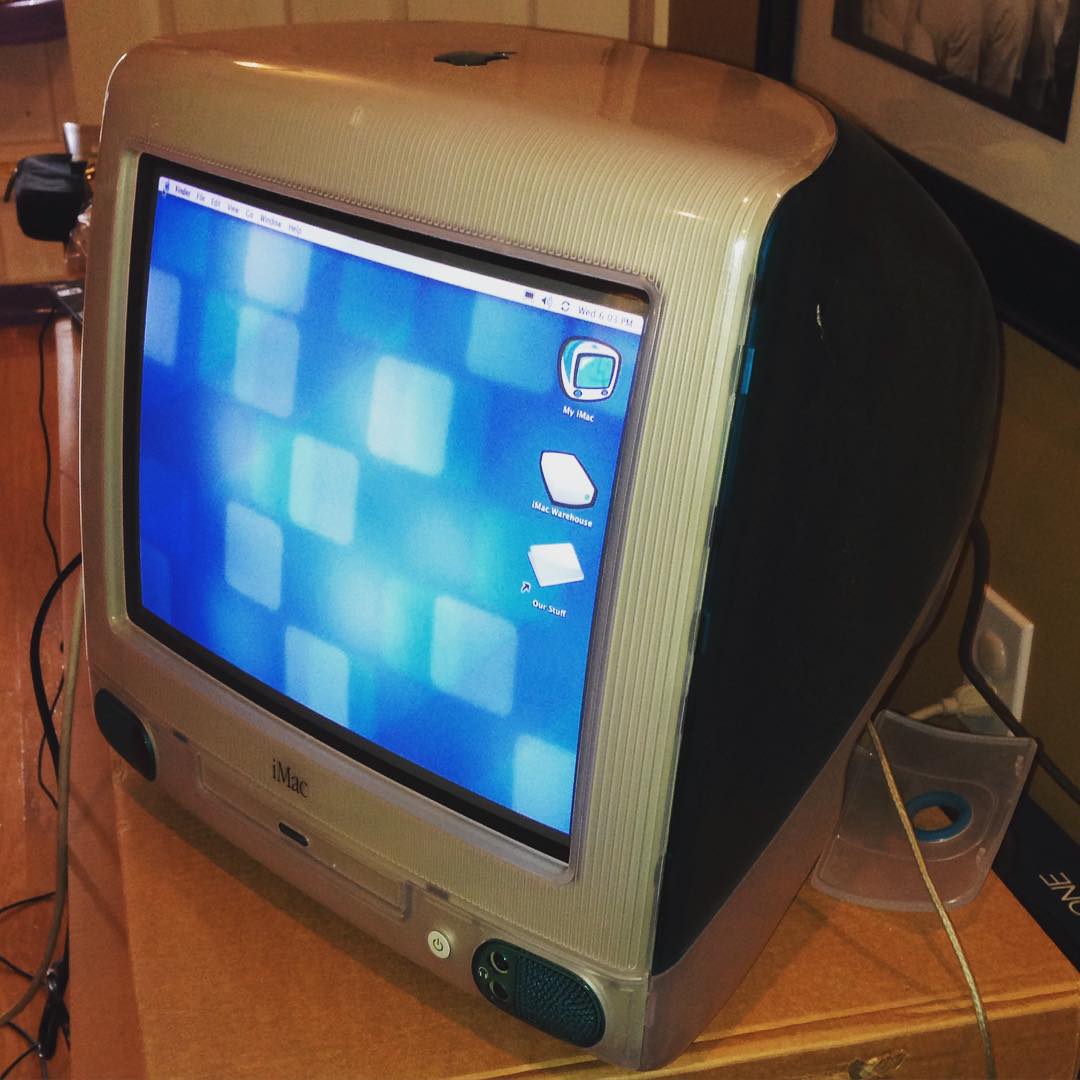 Pretty shocked that my original Bondi Blue iMac circa 1998 still boots up. Had this little guy tucked away in a corner of our bonus room which is in the process of being remodeled. #apple #imac #misc
