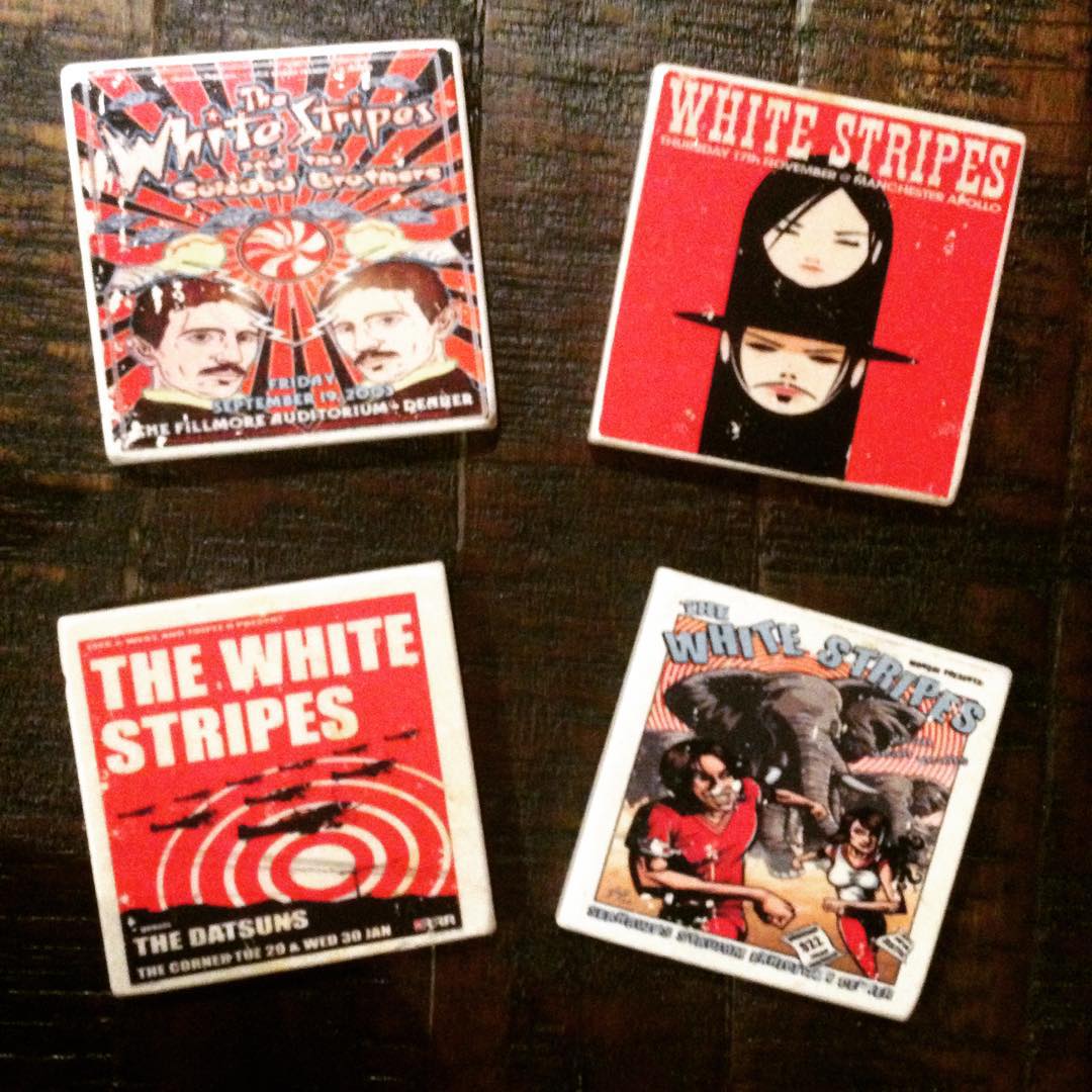 The latest addition to our remodeled, music & movie themed bonus room ... White Stripes concert poster coasters!! #music #TheWhiteStripes