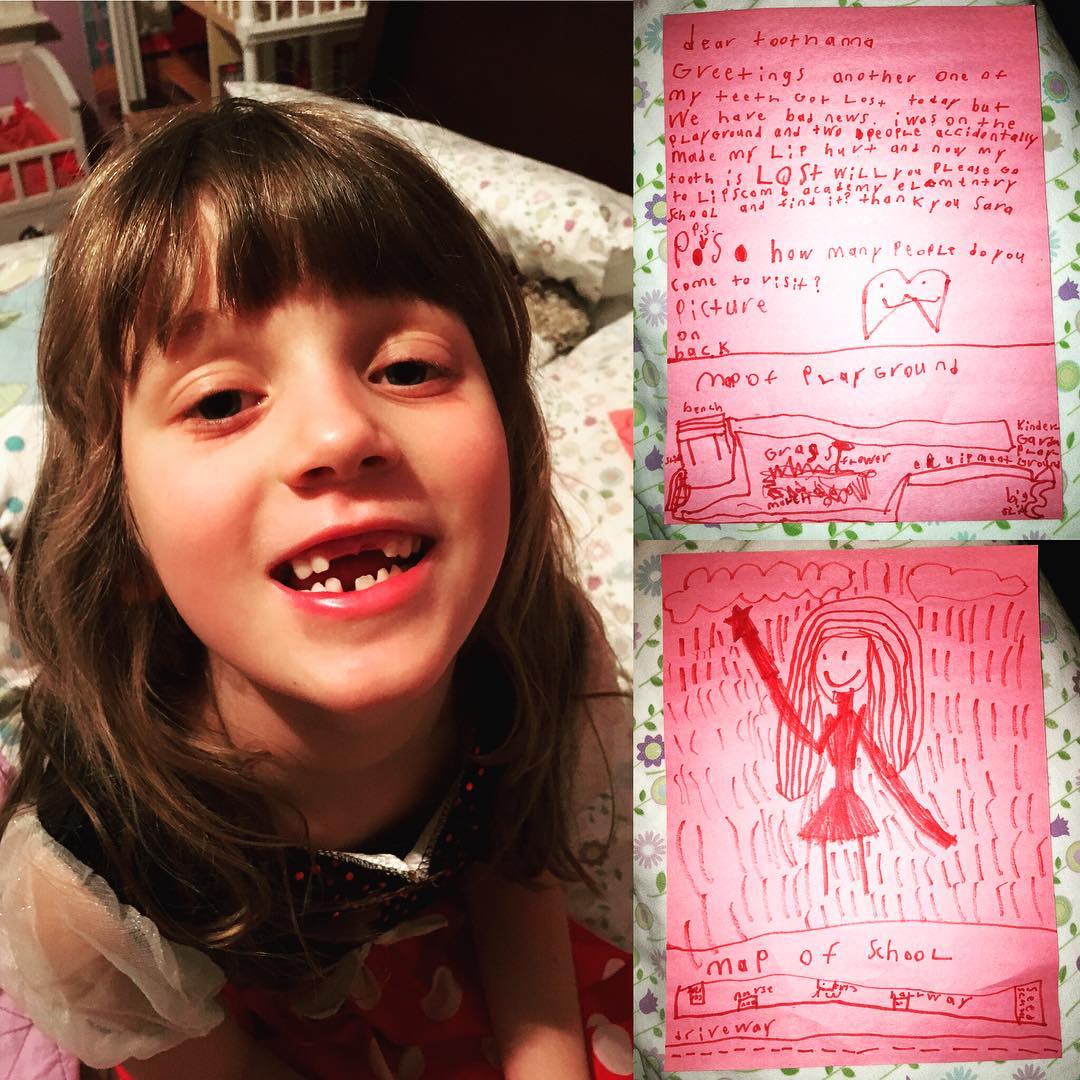 Another baby tooth lost for my little gapped-tooth sweetie. It was already loose, but a playground collision expedited the process this time. She decided to explain it to the tooth fairy in a very detailed note and asked her if she would go to the school playground and look for it. #family