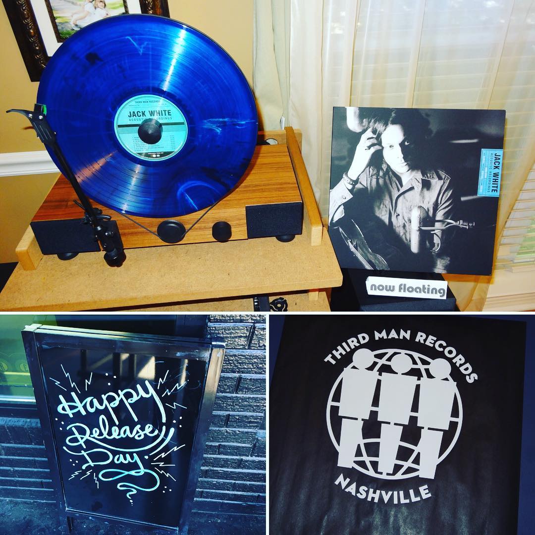 Limited Edition copy of "Jack White Acoustic Recordings" is #nowfloating on my @gramovox floating record player. The blue #vinyl with white and black wisps is available today only at the @thirdmanrecordsofficial storefronts in Nashville and Detroit. This is a great double album! #thirdmanrecords #jackwhiteiii #thewhitestripes #music