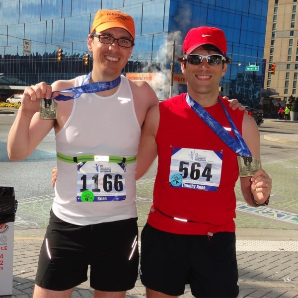 Wouldn't have even made it to the start line had it not been for this guy, who finished his second marathon today. I hung with him for 21 miles, but his young legs whipped me over the last 5 miles for a 3:39 finish. #running #Marathon #indianapolismonumentalmarathon