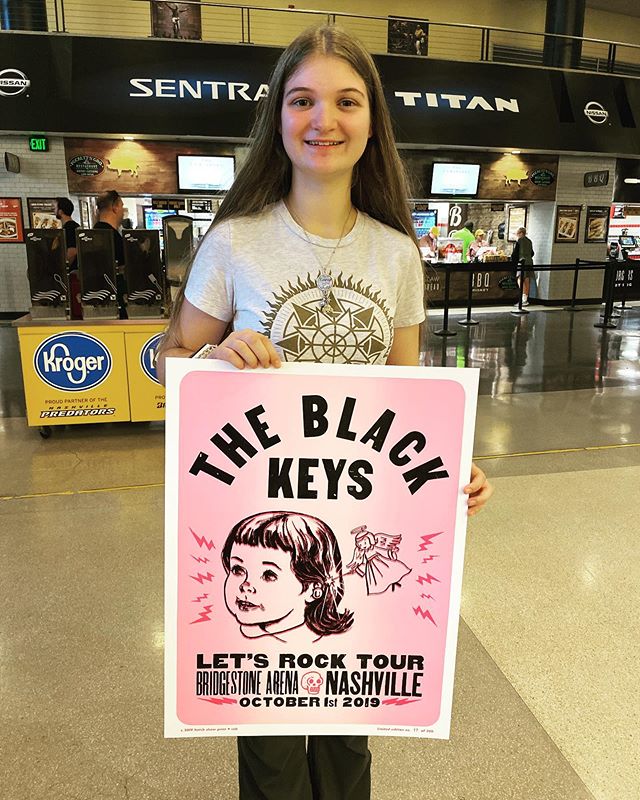 In December 2014 I brought Kate to see @theblackkeys at Bridgestone, which was her first ever concert. Almost 5 years, and dozens of concerts later, we return to see the Black Keys again! #letsrock #hatchshowprint #theblackkeys @hatchshowprint