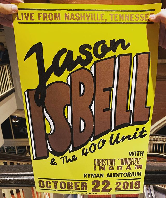 Poster from @hatchshowprint for @jasonisbell at @theryman tonight. Love Jason, and this place is undoubtedly my favorite building on the planet. #theryman #hatchshowprint #music #concert #livemusicrocks