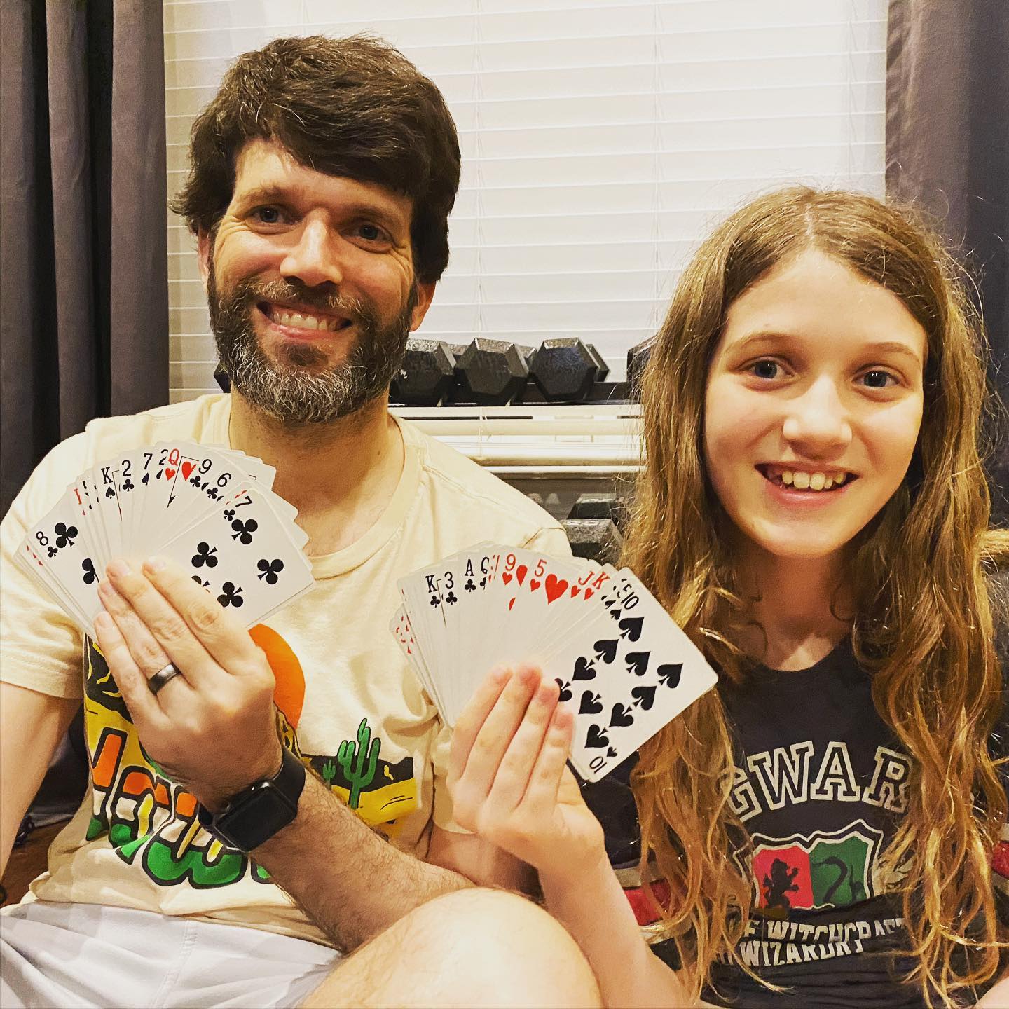 Tonight Sara taught me a new workout for partners that uses a deck of cards. Each person takes turns drawing a single card and you work through the entire deck. The suit determines what exercise you do and the number defines the reps. In total Sara did 69 sit-ups, 43 pushups, 47 squats, and 34 burpees. I did 25 sit-ups, 52 pushups, 47 squats, and 60 burpees. It was a really fun way to workout. #family #workout