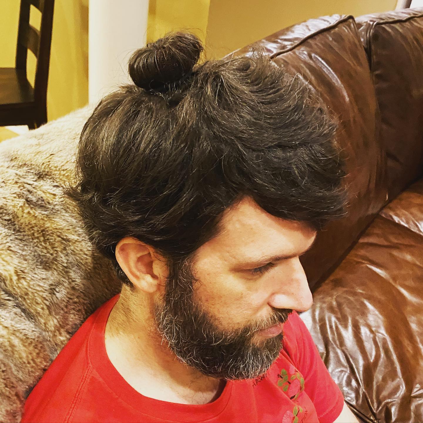 Sara asked if she could do my hair with the new hair donuts she got for her birthday. The resulting “man bun” was not a look I was ever hoping to see for myself. #family #manbun