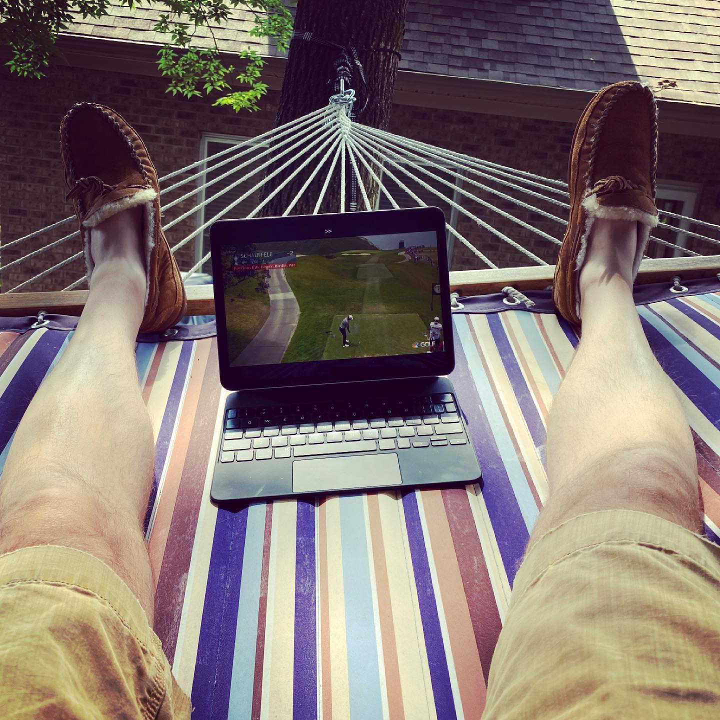 Father’s Day afternoon … Hammock + Fuzzy Slippers + U.S. Open. #fathersday #hammock #fuzzyslippers